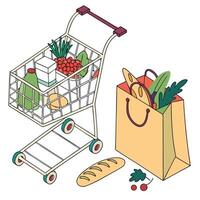 Cheerful Grocery Shopping Isometric Illustration of a Full Shopping Cart and Bag Overflowing with Fresh Produce and Baked Goods vector
