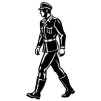 A Solemn Black and White Illustration of a Military Officer Walking with Purposeful Stride and Determined Mood vector