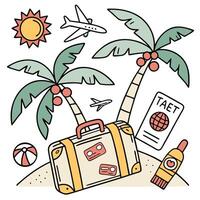Joyful Tropical Getaway Packing Suitcase for Sunny Beach Vacation Under Palm Trees - Professional digital artwork with vibrant colors and detailed composition vector