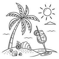 Relaxing Tropical Beach Scene Sunny Day, Palm Tree, and Refreshing Cocktail Illustration - Professional digital artwork with vibrant colors and detailed composition vector