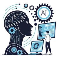 Futuristic AI Technology Person Interacting with Artificial Intelligence System, Modern Digital Interface, Innovative Tech, Blue and Dark Theme vector