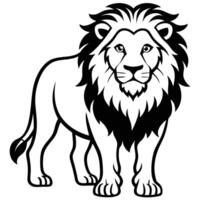 Majestic African Lion Standing Proudly in Black and White Line Art Illustration, Serene and Powerful Mood vector