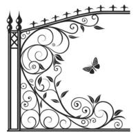 Elegant Black Wrought Iron Gate Design with Flourishing Vines and Butterfly, Romantic Garden Decor - Professional digital artwork with vibrant colors and detailed composition vector