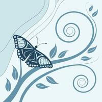 Serene Blue Butterfly Resting on Elegant Swirling Floral Branches in a Peaceful Setting - Professional digital artwork with vibrant colors and detailed composition vector