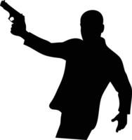 Mysterious Man in Suit Aims Gun Dramatic Silhouette Against White Background, Tense and Ominous - Professional digital artwork with vibrant colors and detailed composition vector