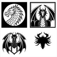 Four Stylized Black and White Dragon Illustrations Depicting Head Profile Winged Full Body and Abstract Frontal Views vector