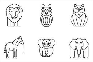 Linear Animal Illustration Collection Simple Black and White Lion Owl Elephant Designs for Coloring Books and Educational Resources vector