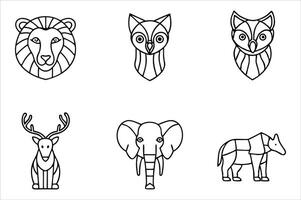 Stylized Animal Illustrations A Collection of Line Art Depicting a Lion Owls a Deer an Elephant and a Unique Animal Hybrid vector