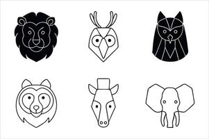 Stylized Animal Icon Set Featuring a Lion, Owl, Raccoon, Zebra, and Elephant with Geometric Shapes and Bold Outlines vector
