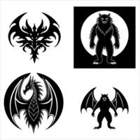 A Collection of Monochrome Monsters Dragons and Mythical Beasts Rendered in Striking Black and White Designs vector
