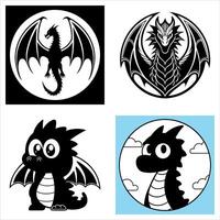 Dragon Cartoon Collection of Black and White Drawings Featuring Dragons Circling in Various Creative Designs and Styles vector