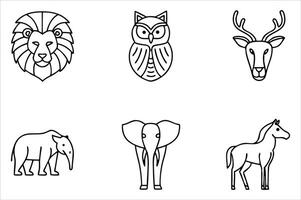 Linear Animal Illustrations Featuring Lion, Owl, Deer, Tapir, Elephant, and Horse Perfect for Coloring Books or Educational Materials vector