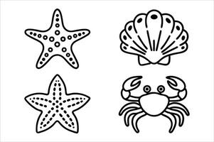 Four Marine Life Illustrations Starfish Seashell and Crab in Simple Black and White Style Ready to Color vector