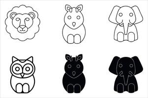 Cute Animal Illustrations Featuring a Lion, Deer, Elephant and Owl in Simple Black and White Outlines and Silhouettes vector