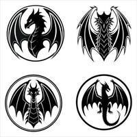 Four Dragon Emblem Set Black and White Dragon Illustrations in Circular Frame Symbolizing Power Strength and Myth vector
