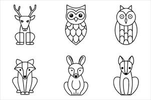 Collection of Stylized Animal Outlines Featuring a Deer, Owls, Fox, Rabbit, and a Fox Like Creature vector