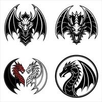 A Collection of Dragon Illustrations Depicting Mythical Creatures in Various Styles Black and White Outlines Red and White Dragons vector