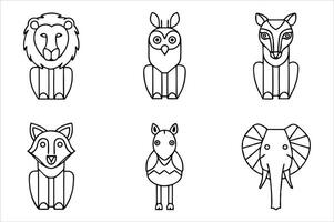 Stylized Animal Illustrations A Linear Series of Simplified Graphic Representations Featuring a Lion, Owl, Fox, Zebra, and Elephant vector