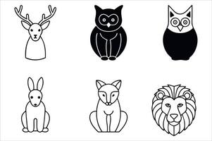 A Collection of Stylized Animal Illustrations Featuring a Deer, Two Owls, a Rabbit, a Fox, and a Lion vector