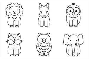 Cute Cartoon Animals in Black and White Outline Featuring a Lion, Donkey, Owl, Fox, Bird, and Elephant vector