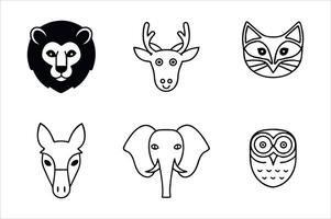 Cartoon Animal Faces Collection of Line Drawings Featuring a Lion, Deer, Fox, Donkey, Elephant and Owl vector