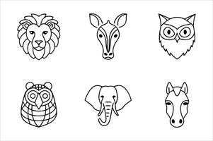 Animal Icon Set of a Lion, Okapi, Two Owls, Elephant and Horse Represented as Stylized Black and White Line Drawings vector