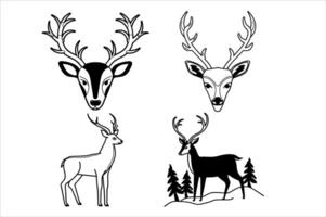 Four Deer Drawings Depicting Different Styles and Perspectives of the Majestic Animal, Set on a Clean White Background vector