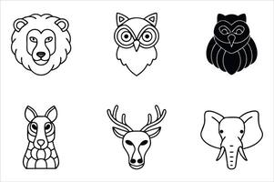 Collection of Six Animal Head Illustrations Featuring a Lion, Owl, Kangaroo, Deer, and Elephant, Presented in a Minimalist Style vector