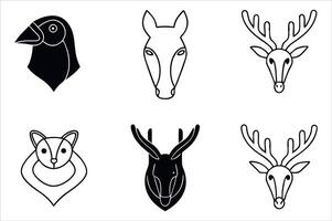 Animal Head Silhouettes Diverse Wildlife Representations Featuring a Bird Horse Fox and Deer with Antlers in Black and White Minimalism vector