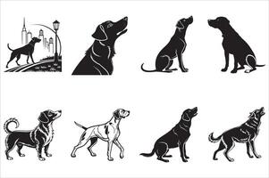 A Collection of Canine Silhouettes Expressing Various Moods and Breeds with an Urban Silhouette and a Lamp Post vector