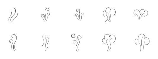 Hand-drawn steam and smoke icons including aroma waves. heat swirls. cooking vapor. scent. stink. and doodle-style fumes. Perfect for food. and vapor-related design projects. vector