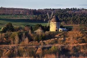Stone windmill sitting on a gentle slope surrounded by trees in warm evening light photo