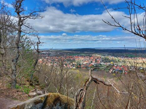 Hilltop town view through leafless trees with distant rooftops of Ballenstedt under a cloudy blue sky photo