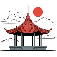 A pagoda with a red roof and clouds in the background vector