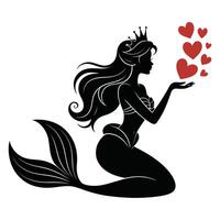 Crowned Mermaid Blowing Heart Design. vector