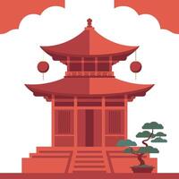 An illustration of a pagoda with a tree and a potted plant vector