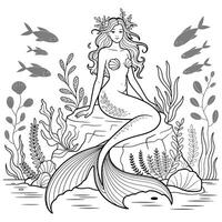 Mermaid coloring page with fish and plants vector