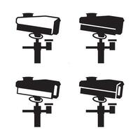 Four black silhouette icons of security cameras mounted on poles isolated on white background vector