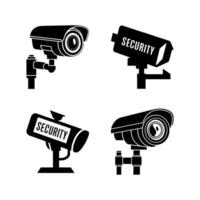 Four black silhouette security cameras with various mounting styles isolated on white background vector