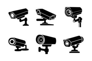 Collection of six black security camera icons isolated on white background vector