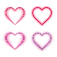 Bright neon heart frame border with red purple pink glowing light effect for love valentine day card decoration on isolated background. Four hearts set. vector
