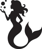 Black Silhouette of a Mermaid with Flowing Hair Gently Holding Small Bubbles in Her Hand Against a White Background vector