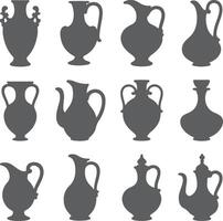 Twelve Gray Silhouette Jugs and Vases Collection Ancient Greek Style Pottery Designs Simple Elegant Shapes Dark Charcoal Gray on White Background vector