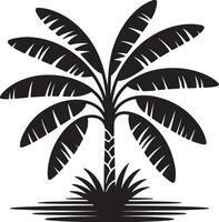 Black Silhouette of a Banana Tree with Detailed Leaves and a Textured Trunk Standing in Black Grass Against a White Background vector
