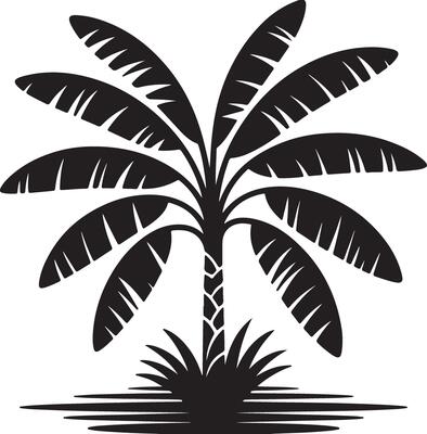 Black Silhouette of a Banana Tree with Detailed Leaves and a Textured Trunk Standing in Black Grass Against a White Background