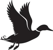 Black Silhouette of a Duck in Flight Wings Spread Wide Detailed Feathers and Tail Curls Dynamic Pose Simple Elegant Design vector