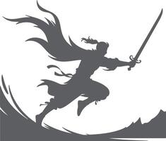 Gray Silhouette of a Warrior Leaping Forward with Sword in Hand Against a White Background with Gray Abstract Background Elements vector