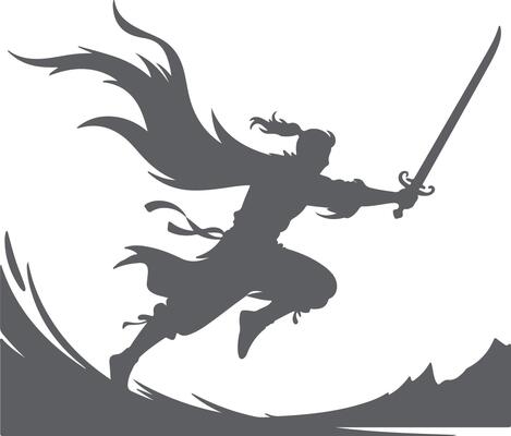 Gray Silhouette of a Warrior Leaping Forward with Sword in Hand Against a White Background with Gray Abstract Background Elements