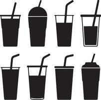 Eight Black Silhouette Drink Cups with Straws Various Sizes and Shapes Collection of Beverage Container Icons Simple Graphic Design Elements vector