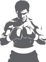 Gray Silhouette of a Boxer Ready to Fight Wearing Boxing Gloves Intense Focused Expression Muscular Build Powerful Stance vector